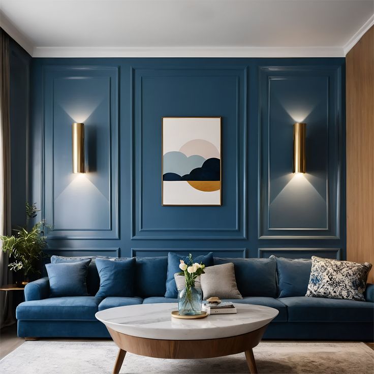 a living room with blue couches and art work on the wall behind them,