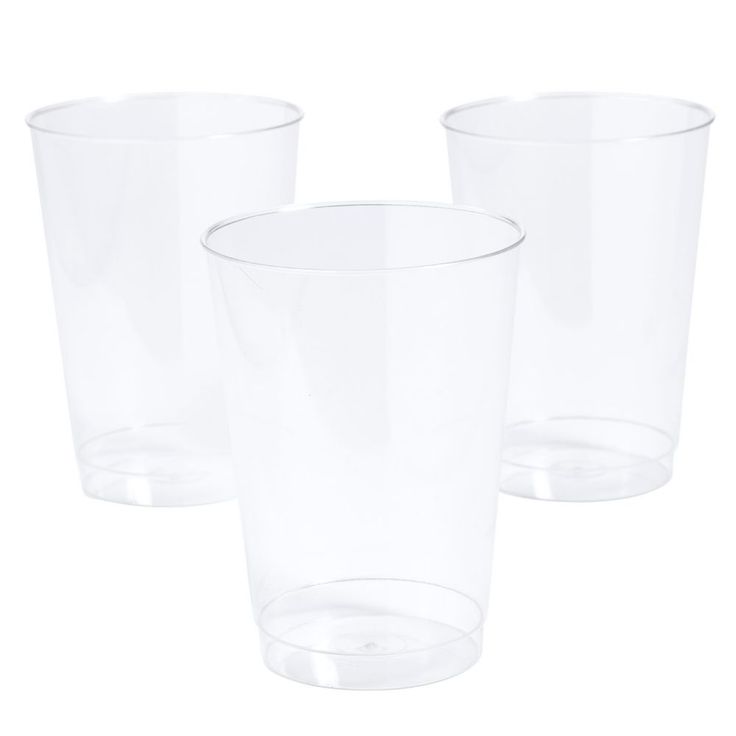 three clear plastic cups sitting next to each other