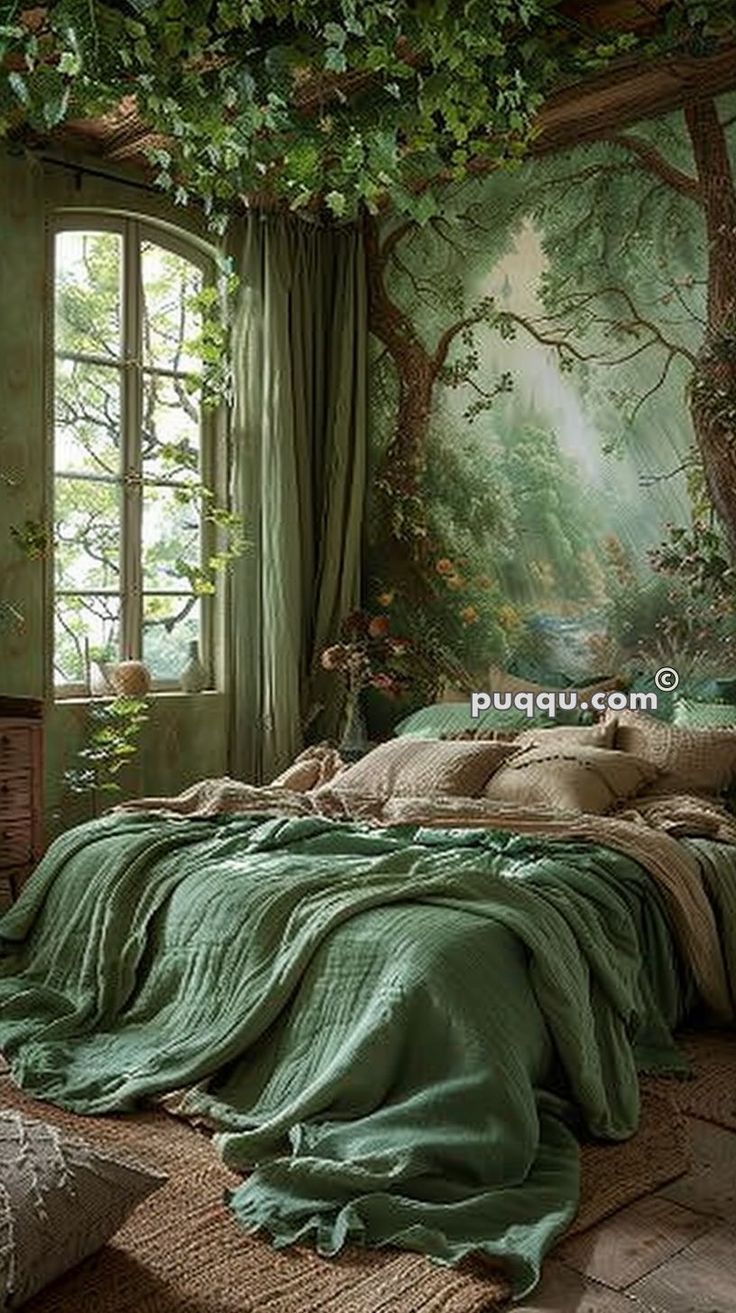 an image of a bedroom setting with green walls and trees on the wall behind the bed