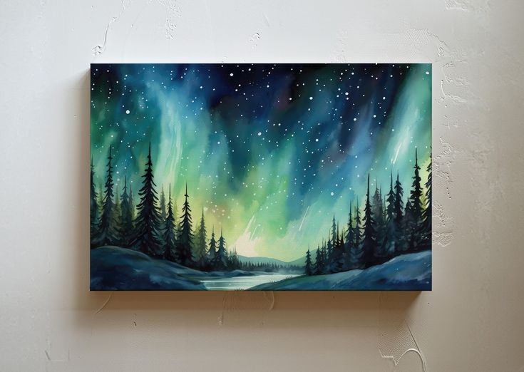 an acrylic painting of the night sky with stars and aurora bores in it