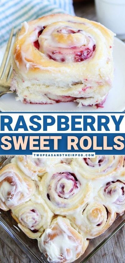 raspberry sweet rolls on a plate with a pink sign that says raspberry sweet rolls