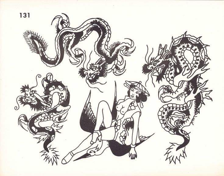 an ink drawing of two women with dragon heads on their backs, and another woman sitting in front of them