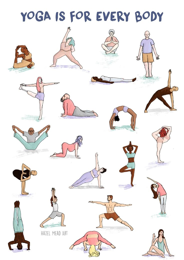 yoga is for every body poster with people doing different poses and their hands in the air