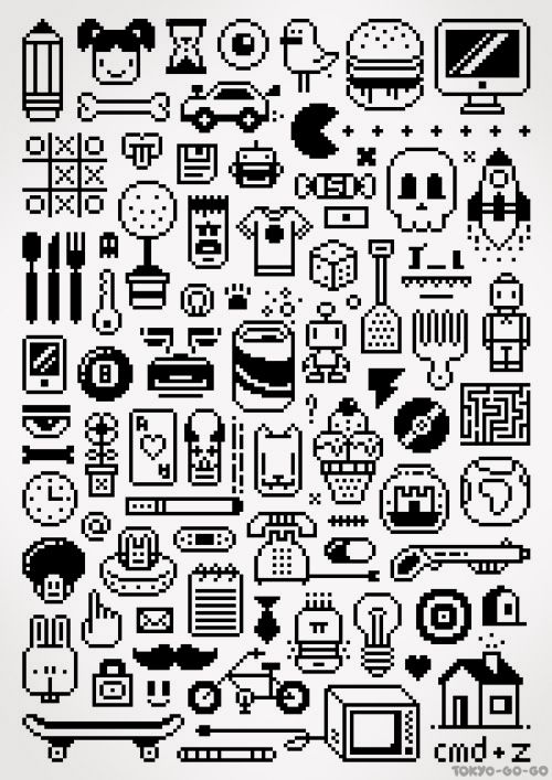 an old computer screen with different types of pixel art on it, all in black and white