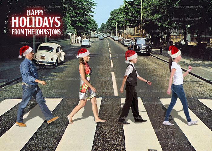 an image of people walking across the street in christmas hats on holiday greetings from the beatles