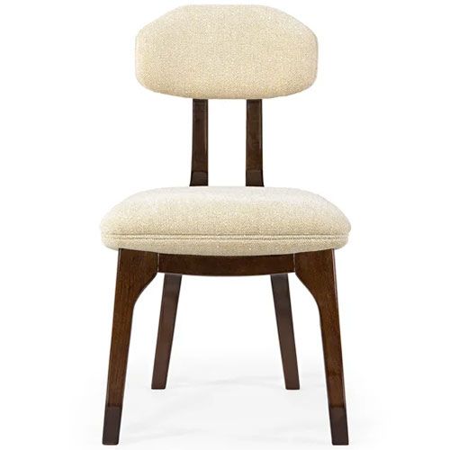 an upholstered chair with a wooden frame and fabric seat pad on the back