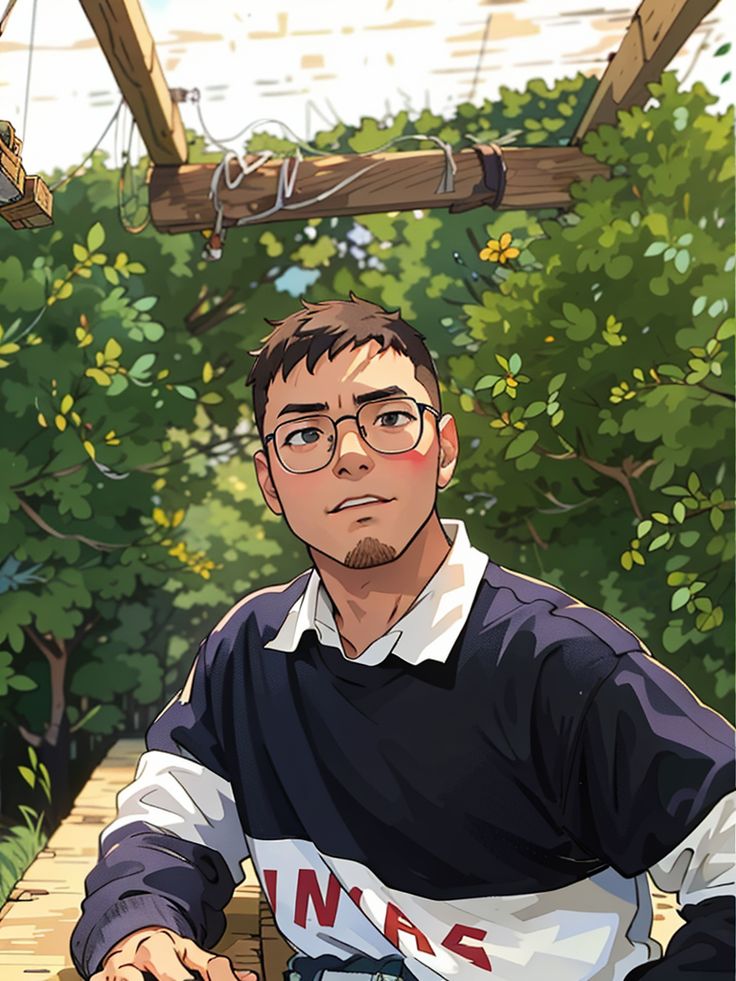 a man with glasses is sitting on a bench