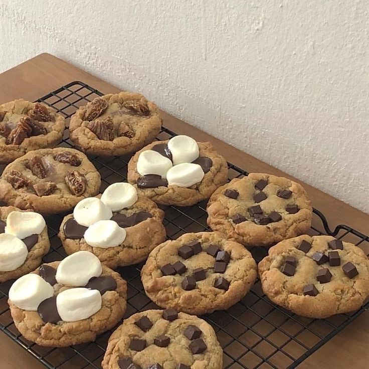 chocolate chip cookies with marshmallows on a cooling rack