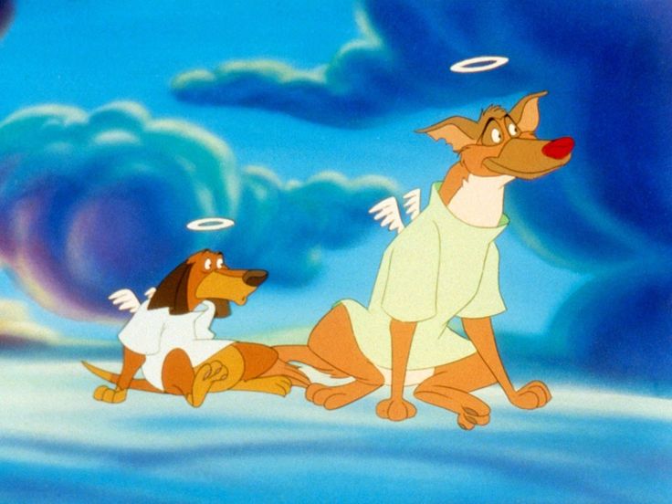 two dogs are sitting on the ground in front of an angel's tail, and one dog is looking up at something