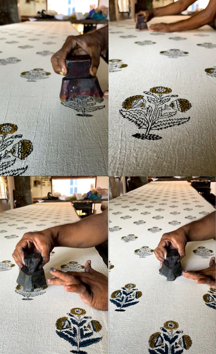 four pictures showing how to make a tablecloth with an appliqued tree