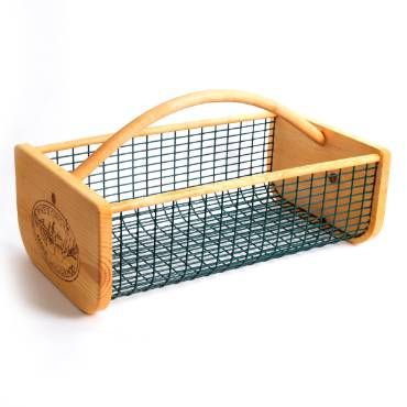 a wooden basket with metal mesh inside on a white background, it is also used as a holder for small items