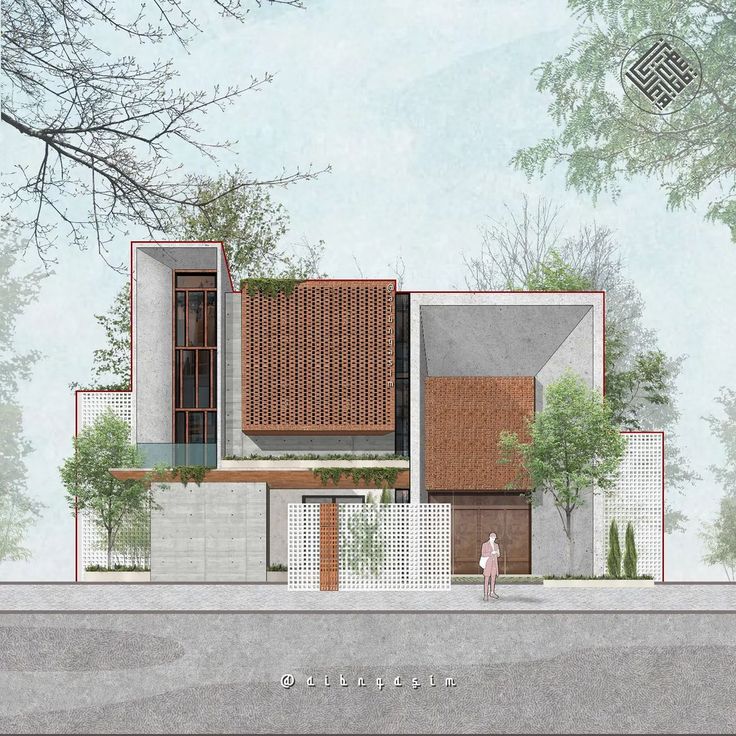 an architectural rendering of a house in the middle of a street with people walking by