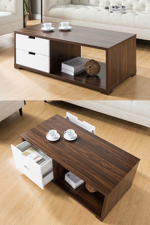 two different views of a coffee table with drawers