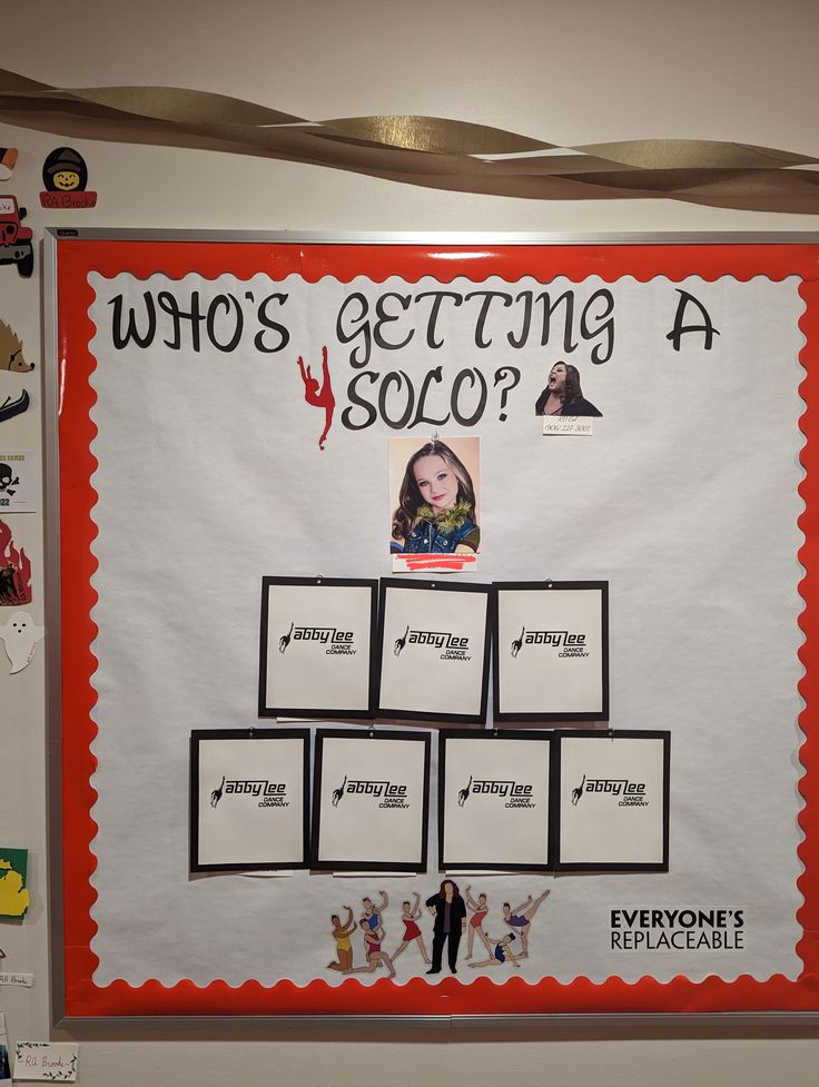 a bulletin board that says who's getting a solo? with pictures on it