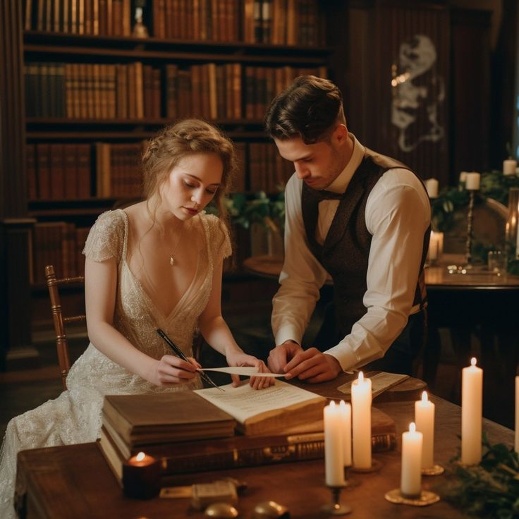 the bride and groom are signing their marriage vows in front of candles on the table