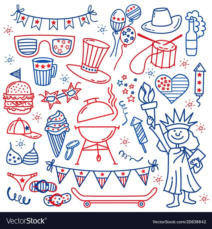 the fourth of july doodles in red, white and blue