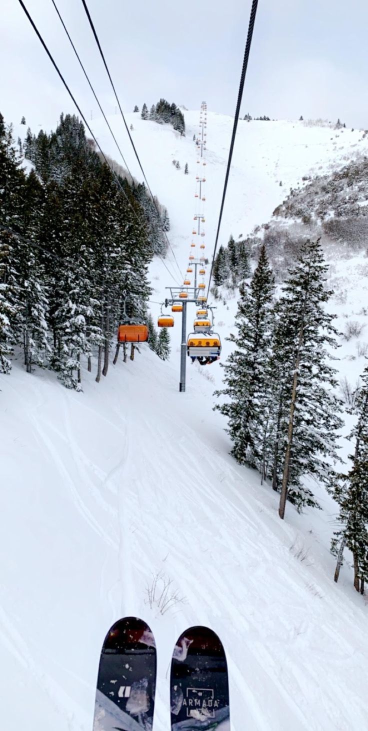 someones feet in the snow under a ski lift on a snowy mountain with trees