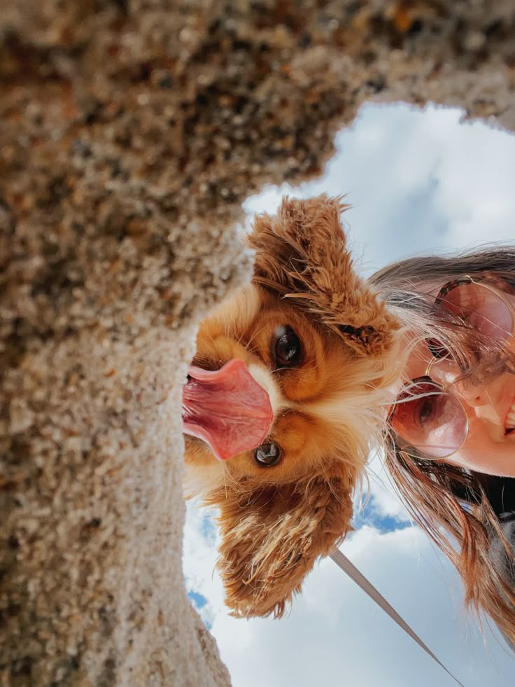 a woman is taking a selfie with her dog in front of a rock wall