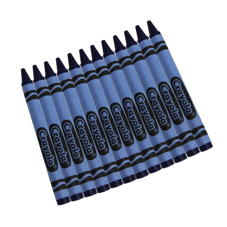 blue crayon pencils are lined up in rows on a white surface with black writing