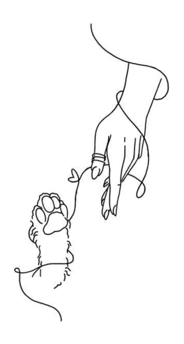 a drawing of a hand reaching for a dog's paw with another hand above it