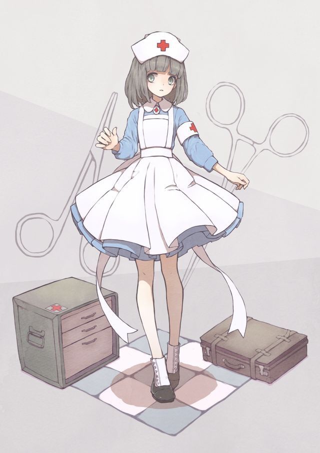 an anime character is standing next to scissors and suitcases on the floor with her hands up in the air