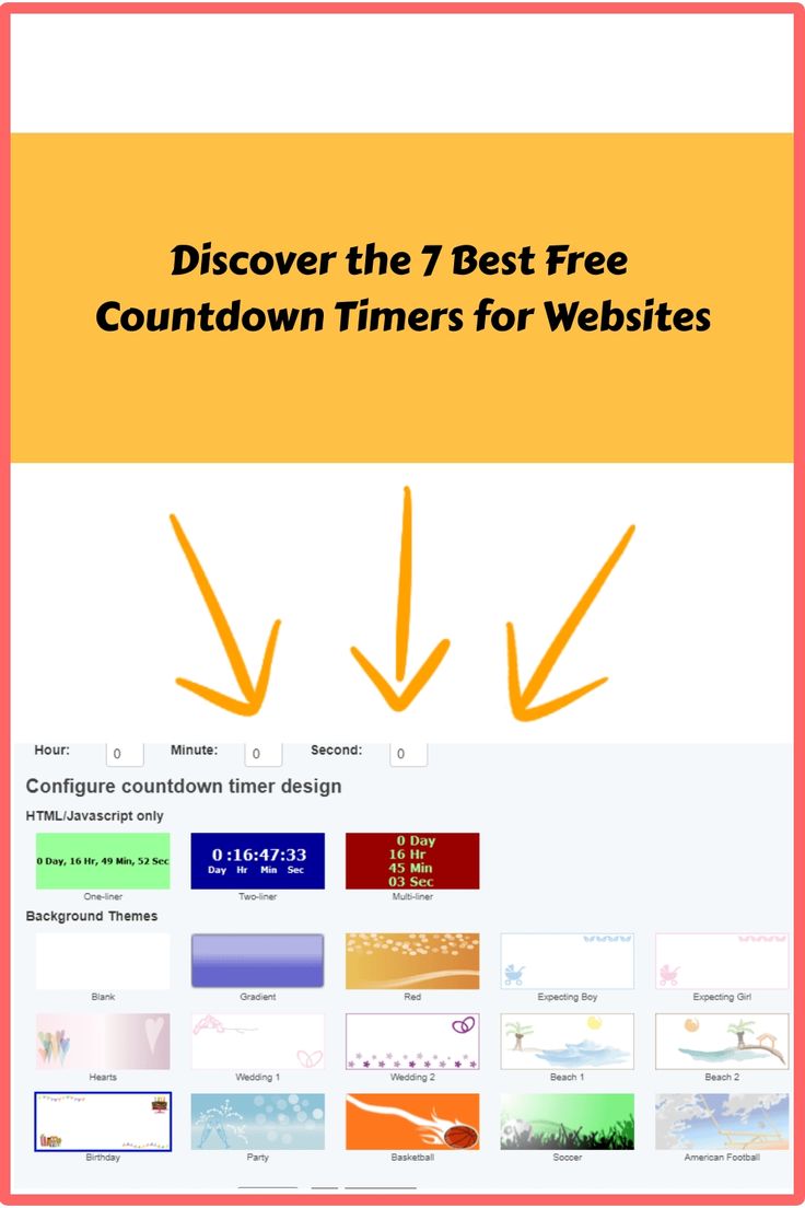 Promotional graphic highlighting the 7 best countdown timer websites with a central heading, arrows pointing towards screenshots, and an example timer configuration interface. Sense Of Urgency, Countdown Clock, Timer Clock, Countdown Timer, Landing Pages, Best Website, Free Plan, Achieve Your Goals, Marketing Campaigns