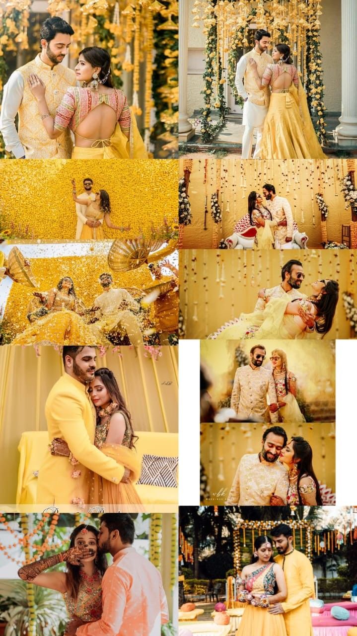 the couple is posing for pictures in their wedding outfits and yellow dresses, while they are surrounded