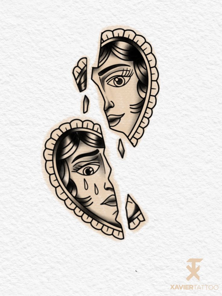 two faces in the shape of a woman's head with tears on them