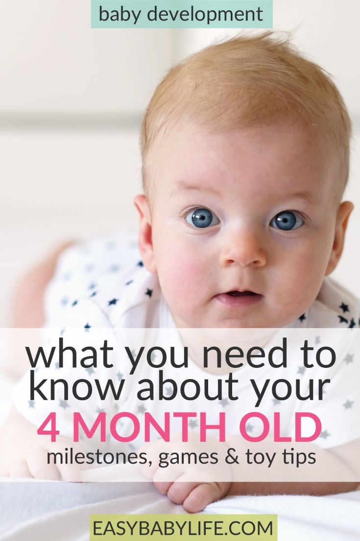 a baby laying on top of a bed with the words what you need to know about your 4 month old milestones, games and toys