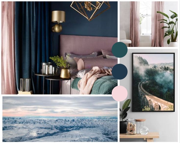 a collage of photos with blue and pink accents