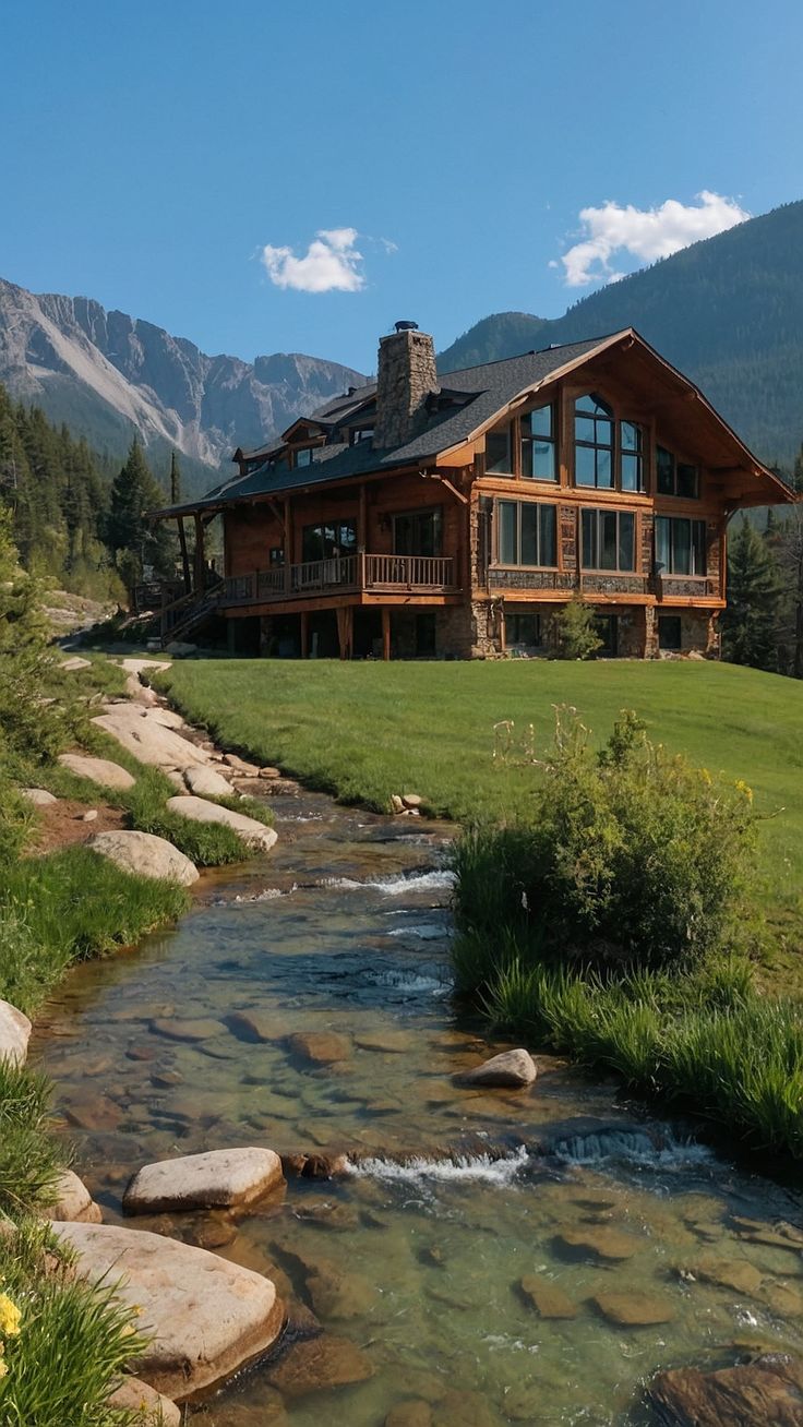 a large house sitting on the side of a lush green hillside next to a river