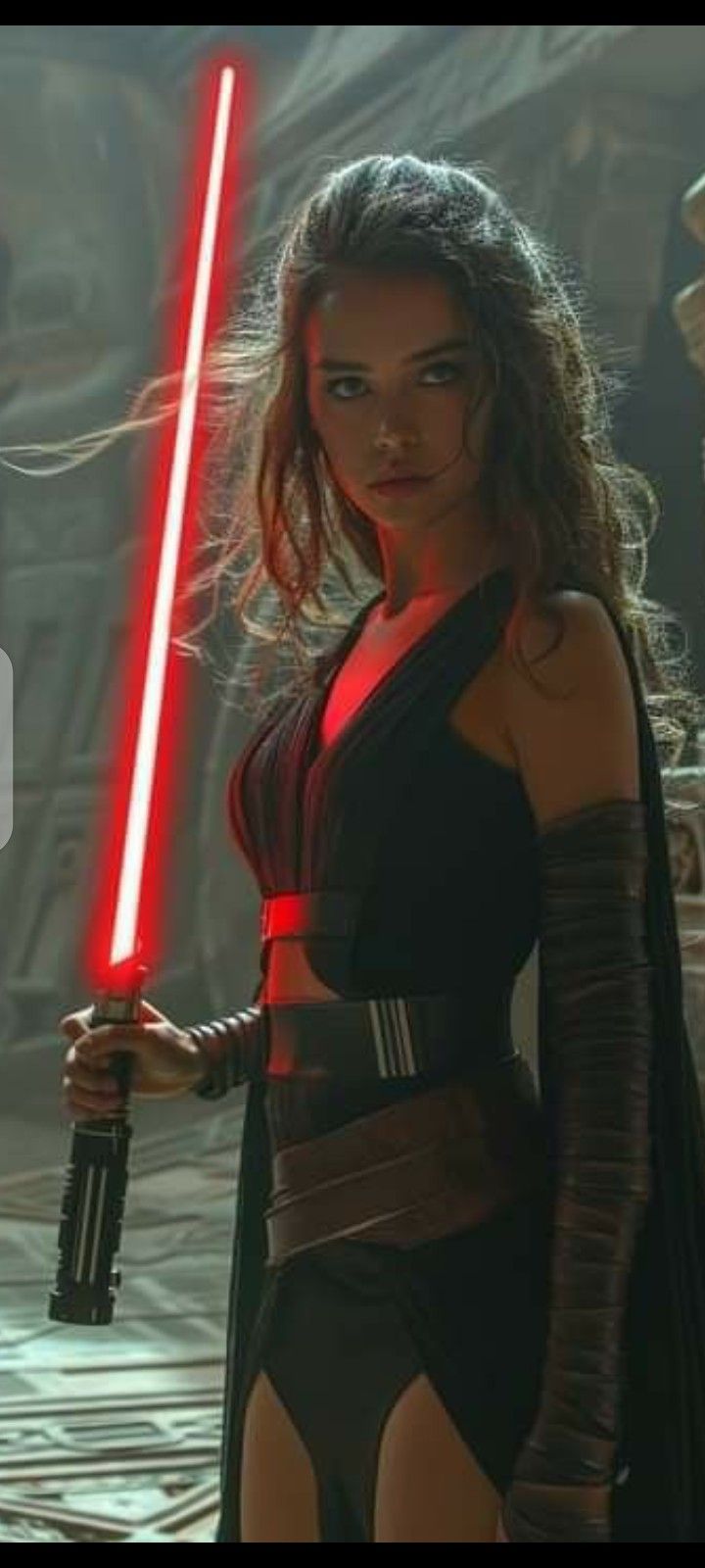 a woman in a star wars outfit holding a lightsabe