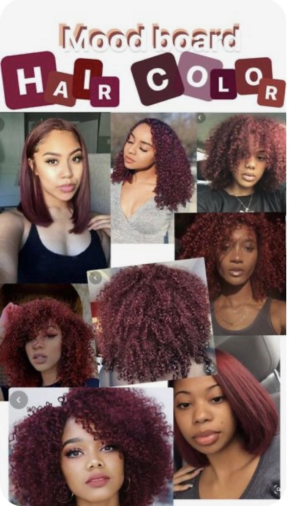 Hair Color Inspiration For Curly Hair, Black Natural Hair Dyed, Auburn Curly Hair Natural, Morron Hair Color, Red Hair Ideas Curly Hair, Redish Burgundy Hair Color, Hair Colour Ideas For Black Curly Hair, Hair Color Ideas For Black Natural Hair, Outfits That Go Well With Red Hair