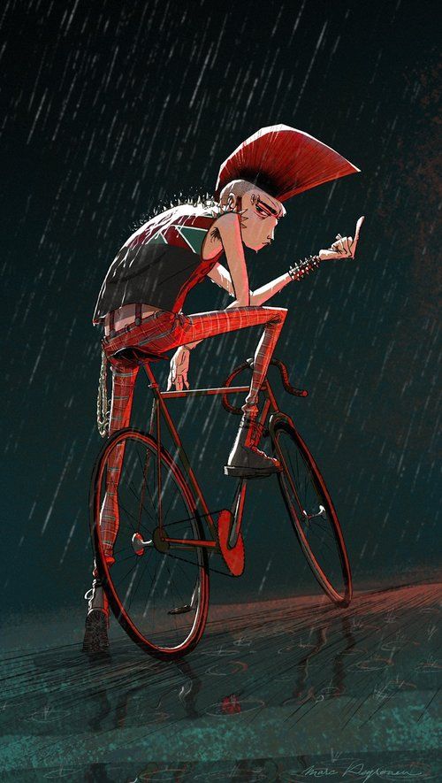 a woman riding on the back of a bike in the rain