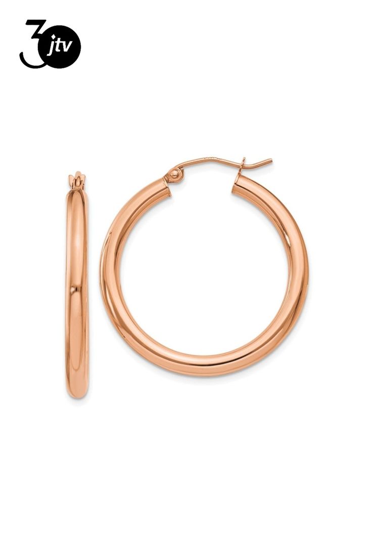 14k Rose Gold Polished  Lightweight Tube Hoop Earrings. Measures 30mm x 3mm and have saddleback backings. Tube Hoop Earrings, Gold Polish, 10k Gold, Hoop Earrings, Yellow Gold, Rose Gold, Yellow, Gold