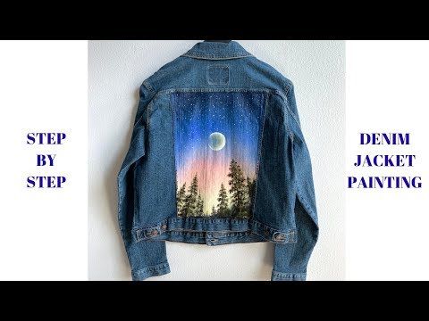 a denim jacket with an image of trees painted on it and the words, step by step