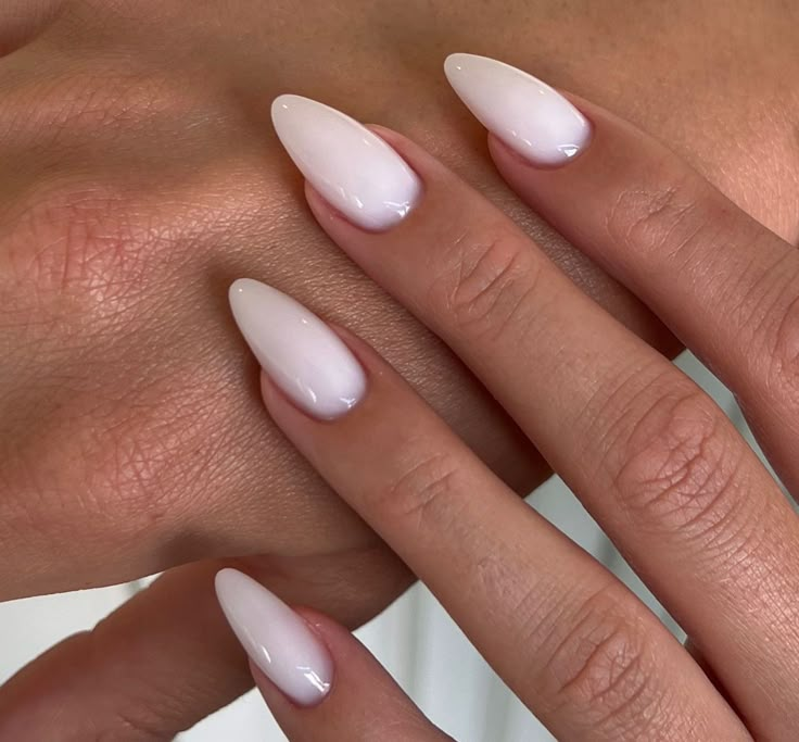 Milky Pink Almond Nails, Acrylic Stiletto Nails, Mc Nails, Nails Solid Color, White Almond Nails, Biab Nails, Engagement Nails, Milky Nails, Solid Color Nails