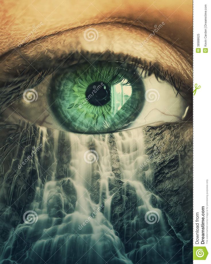 an eye with green eyes and waterfall in the background, as if it were looking at something