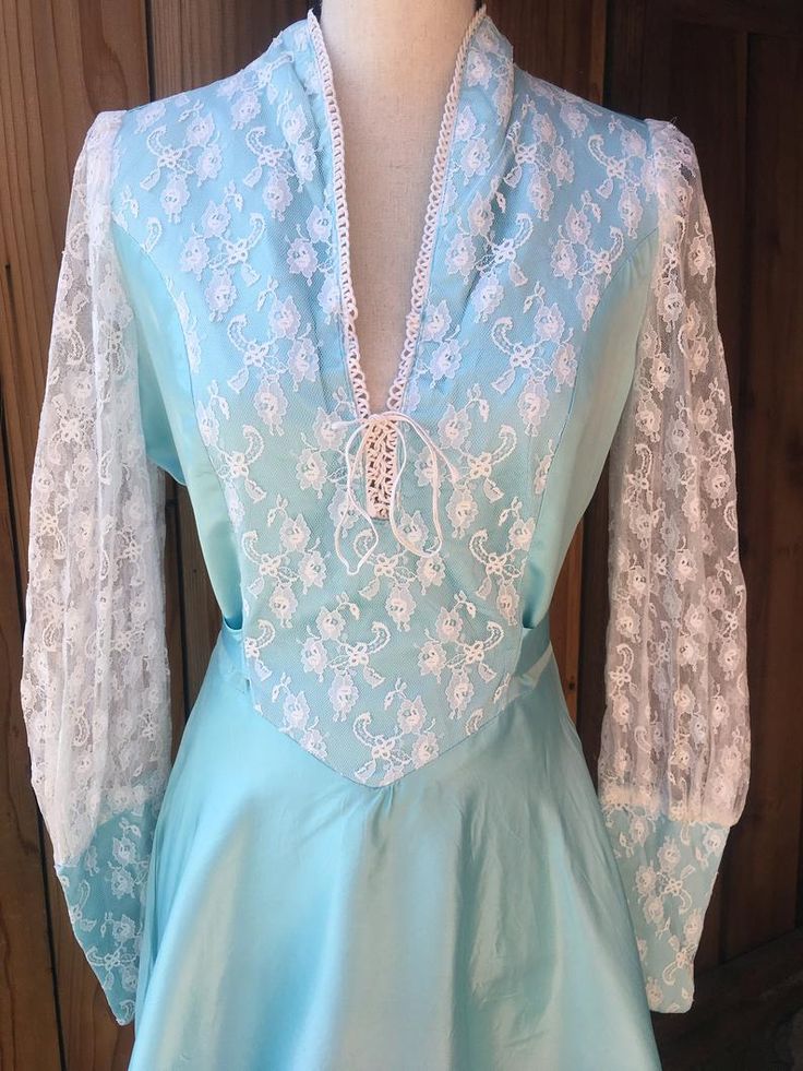 1970s Baby Blue and White Lace Dress With Sheer Lace Sleeves | Etsy Chunky Gold Jewelry, Dark Portrait, Lace Nightgown, White Lace Dress, Photographic Studio, Vintage Lingerie, Dress With Lace, Lace White Dress, Pearl Buttons