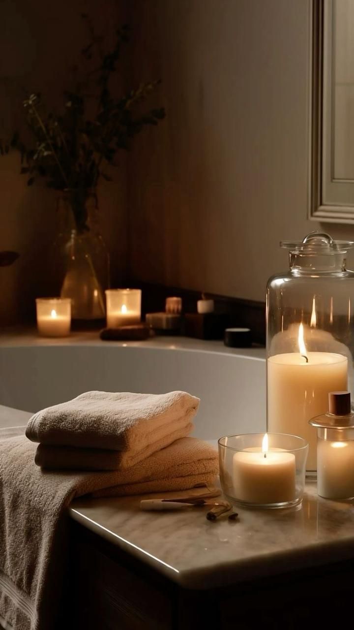 candles and towels sit in front of a bathtub