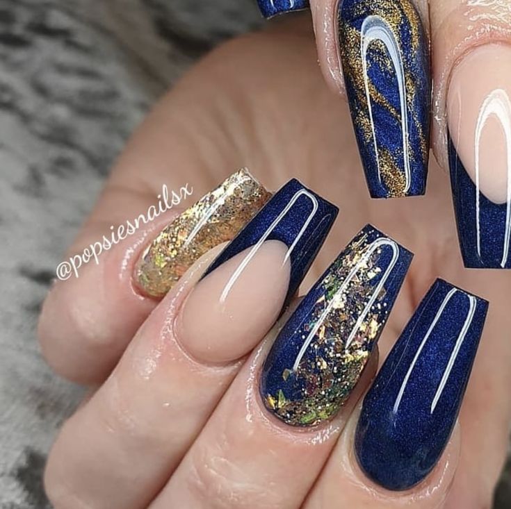 Royal Blue And Gold Ombre Nails, Blue And Gold Design Nails, Navy Blue And Gold Nails Acrylic Coffin, Navy Blue With Rose Gold Nails, Navy Blue And Gold Gel Nails, Sapphire Blue And Gold Nails, Navy Blue And Yellow Nails Design, Blue Gold And Black Nails, Navy And Gold Acrylic Nails