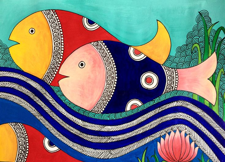 an artistic painting of two fish swimming in the water with flowers and plants around them