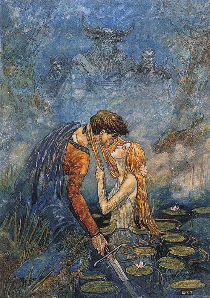 a painting of two people kissing in front of lily pads with water lilies around them