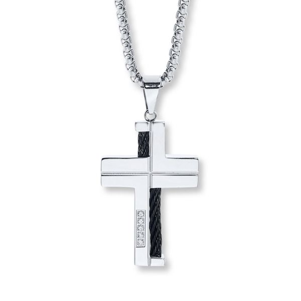 Crafted in stainless steel, this handsome men's cross necklace features diamonds and accents of black ion-plated stainless steel cable. The pendant hangs from a 23.5-inch rolo link chain that secures with a lobster clasp. Diamond Cross Necklace, Mens Cross Necklace, Kay Jewelry, Jewelry Advice, Mens Crosses, Stainless Steel Cable, Necklace Diamond, Men's Necklace, Accessories Jewelry Necklace