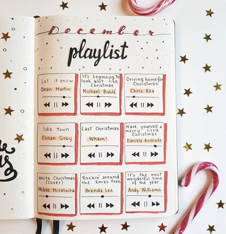 an open notebook with christmas themed playlist pages and candy canes on the side