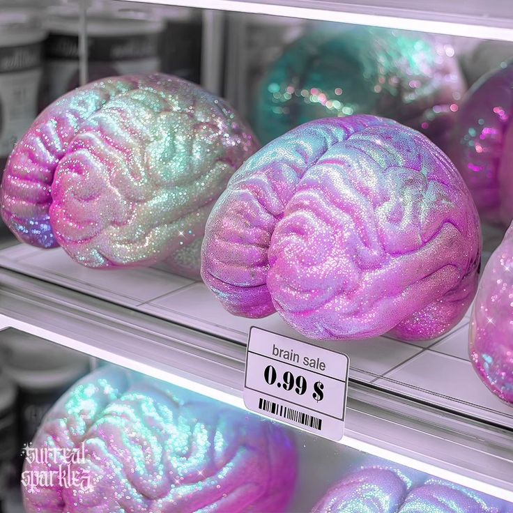 there are three different colored brain balls on the shelf in front of eachother