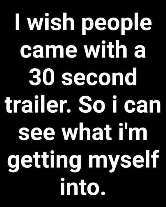 i wish people came with a 30 second trailer so i can see what i'm getting my self into