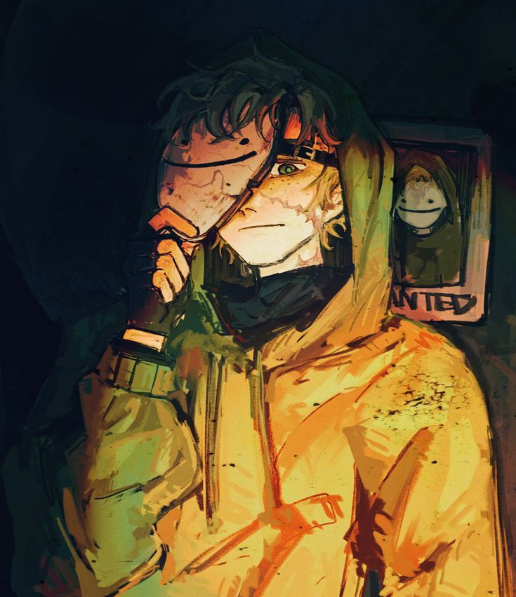 a painting of a man in a yellow hoodie holding a cell phone to his ear