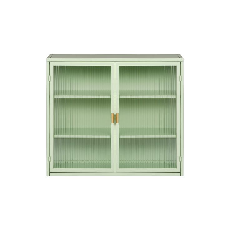 a green bookcase with two doors on each side