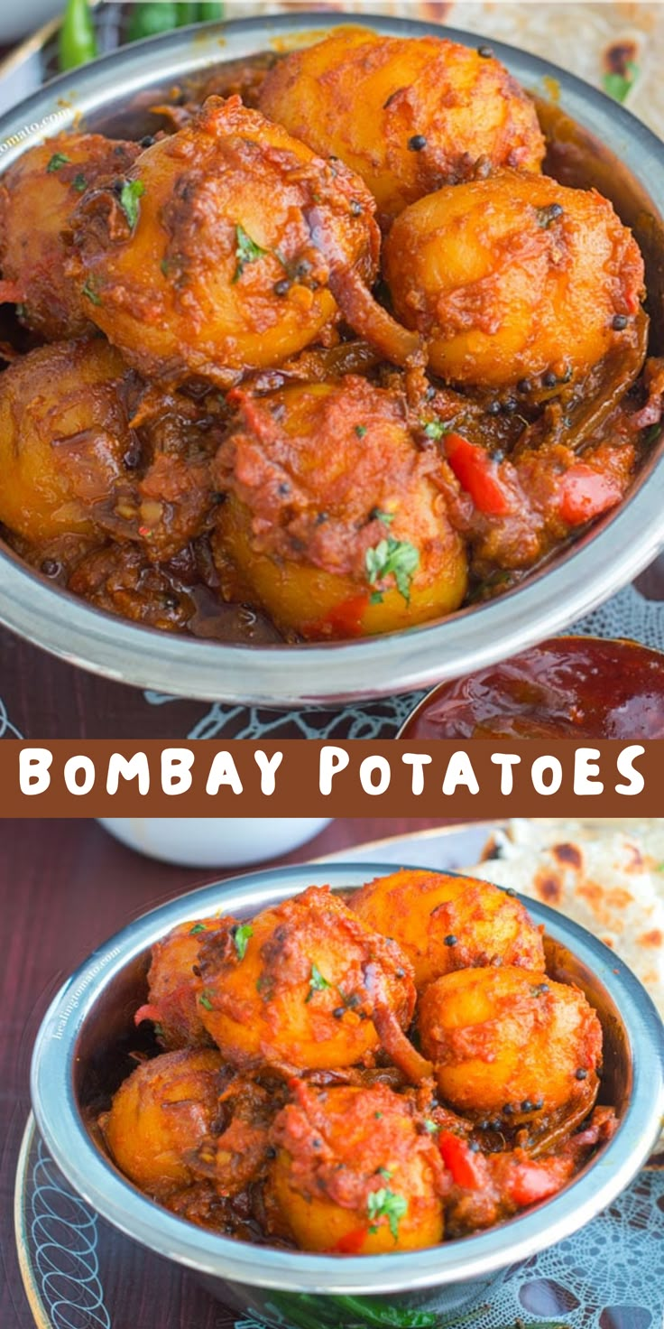 some food is sitting in a bowl on a table and the words bombay potatoes are above it